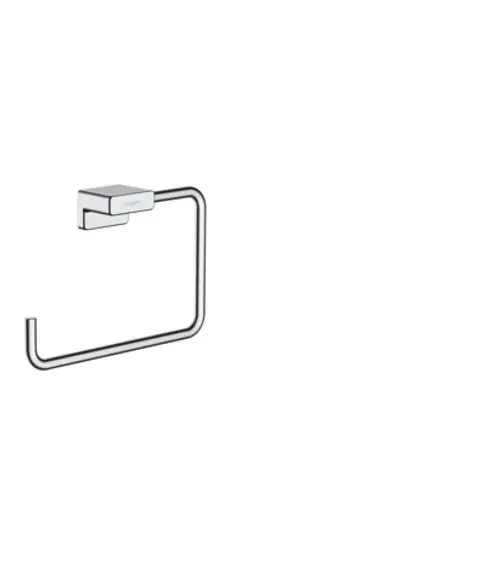 Hansgrohe Handtuchring in Chrom. Rechteckige Wandhalterung mit einem offenen Ring, der für Handtücher geeignet ist. Minimalistisches Design, geeignet für moderne Badezimmer.